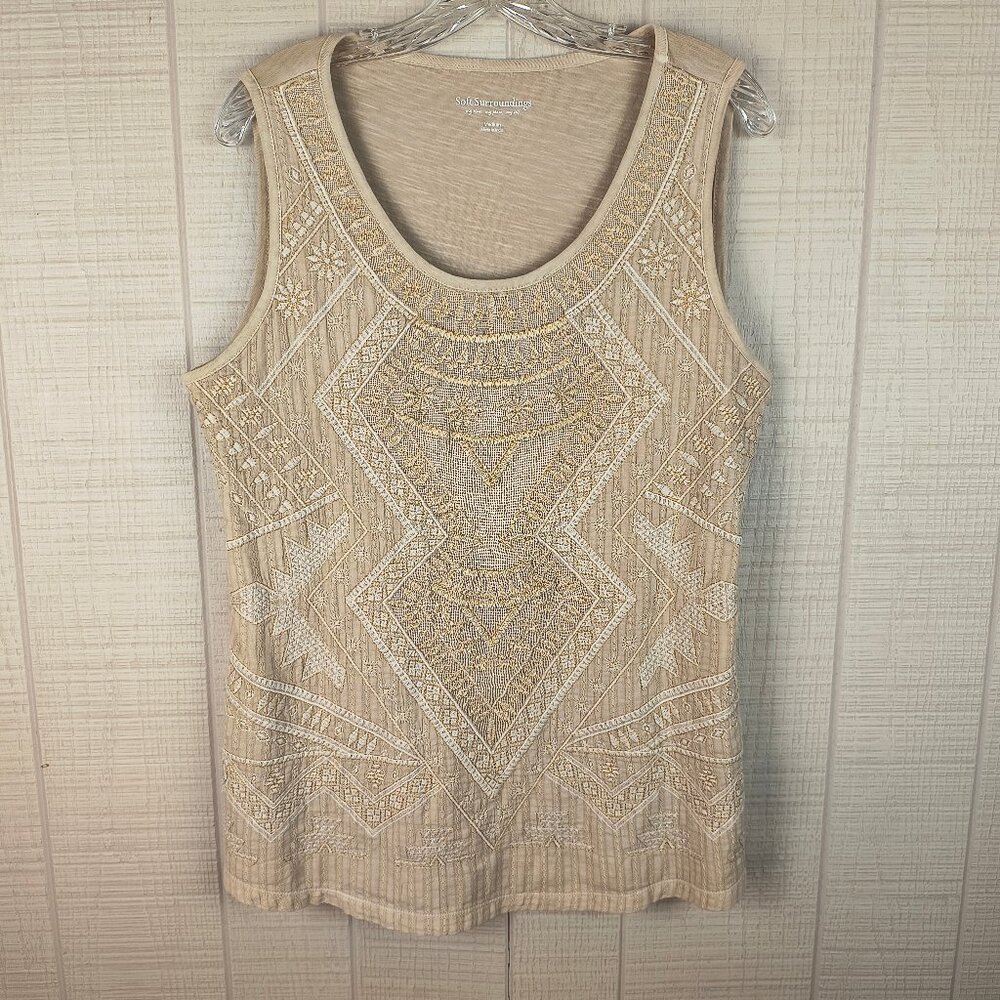Soft Surroundings Knit Tank Top Embroidered Neutral Beige